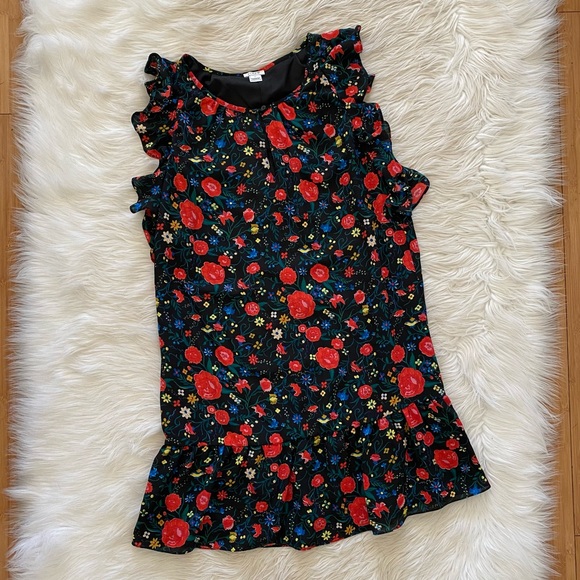 J. Crew Black Red Floral Sleeveless Flutter Sleeve Dress - Picture 2 of 11